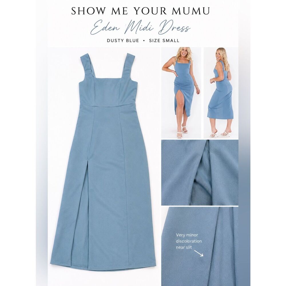 Show Me Your Mumu Eden Midi Dress in Dusty Blue, size Small